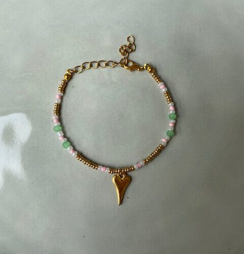 Bead Hart Armband groen/roze/goud