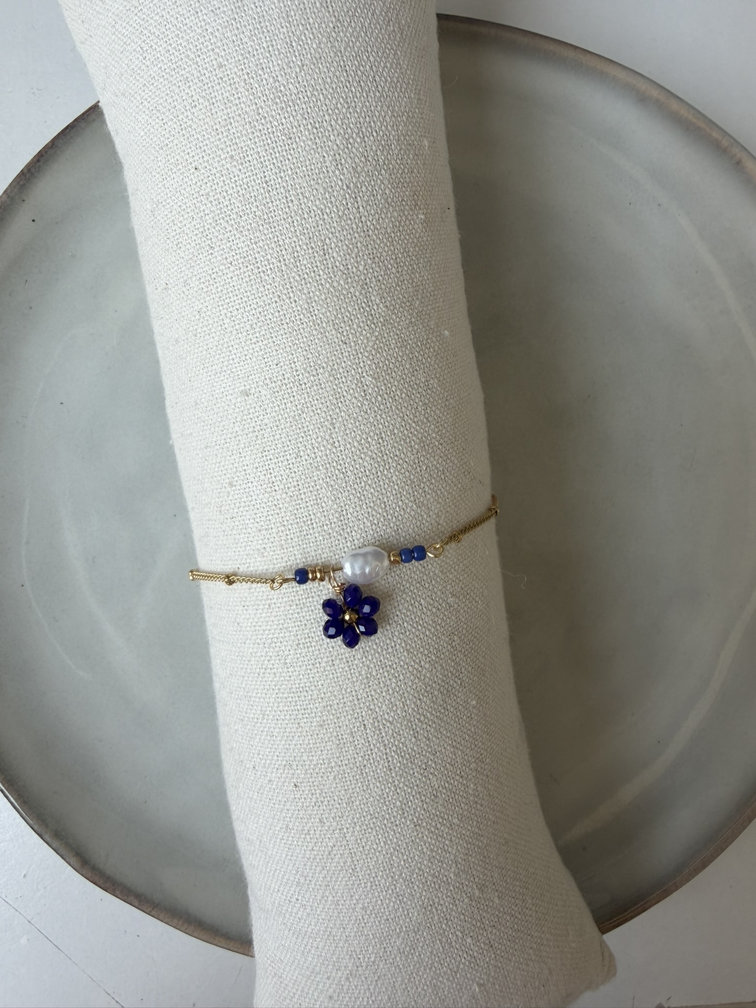 Flower Beads Charm Enkelbandje blauw/goud