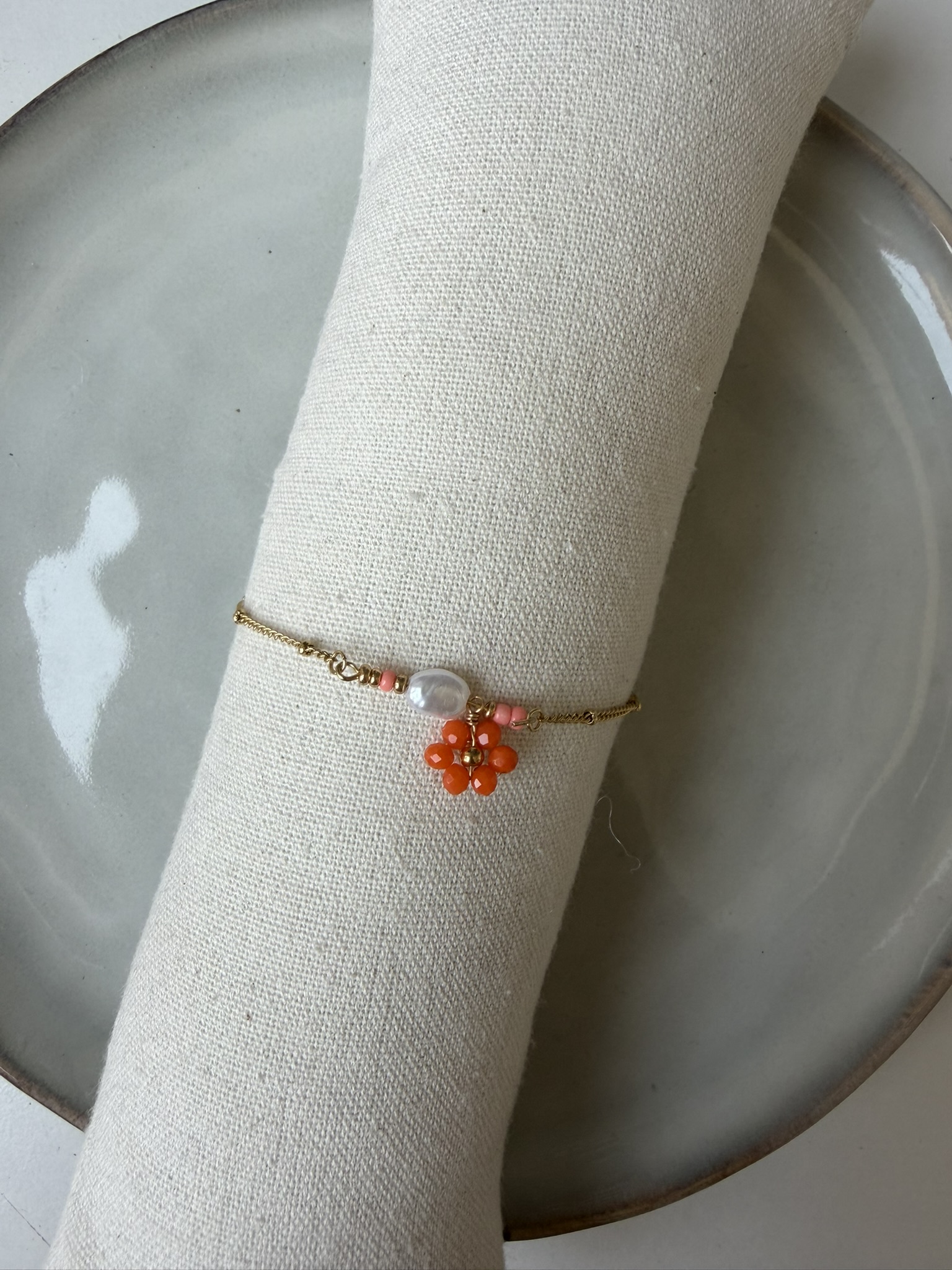 Flower Beads Charm Enkelbandje oranje/goud