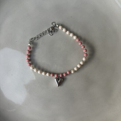 Beaded Heart Armband zilver/roze
