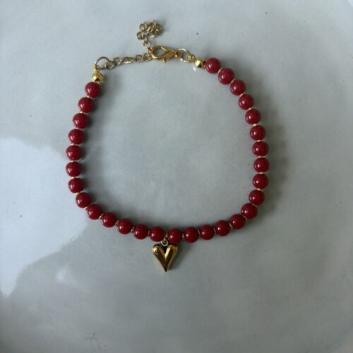 Beaded Heart Armband bordeaux/goud