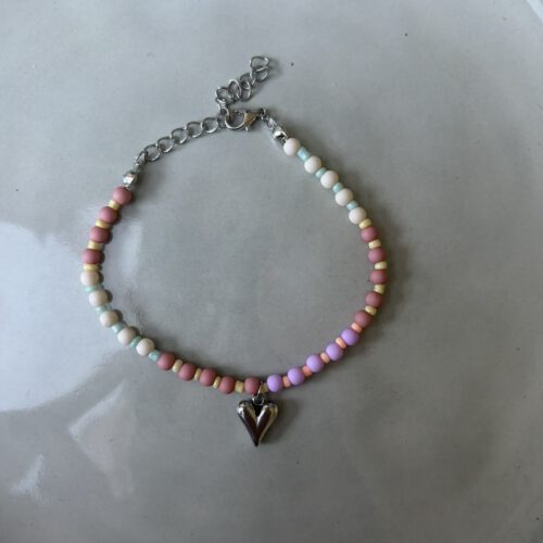 Beaded Heart Armband paars/roze/zilver