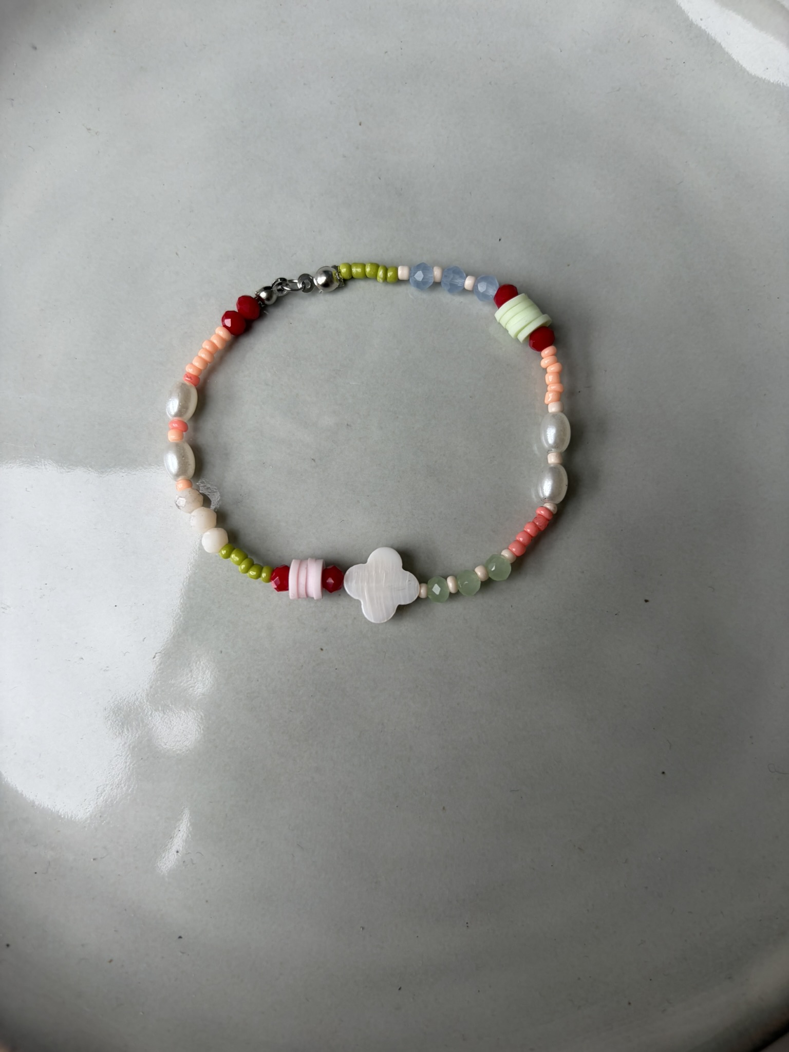 Mixed Beads Klaver Armband zilver