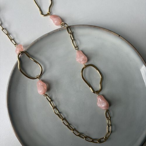 Oval Pink Lange Ketting goud