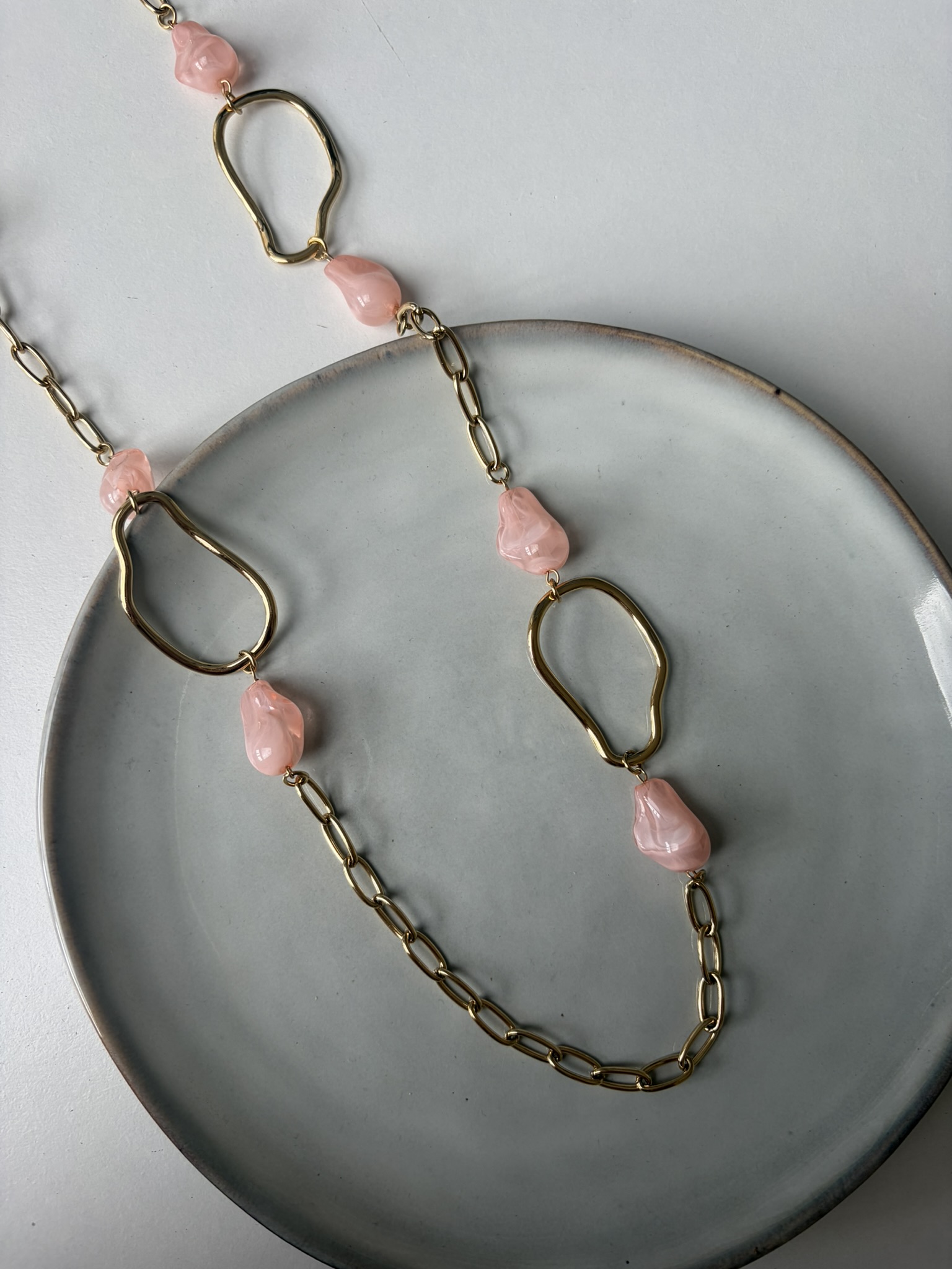 Oval Pink Lange Ketting goud