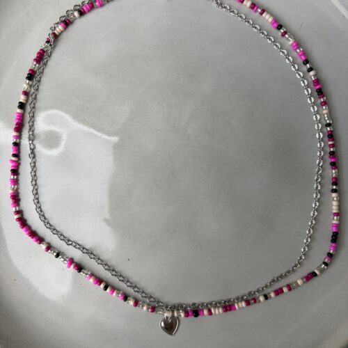 Dubble Chain Ketting roze/zilver