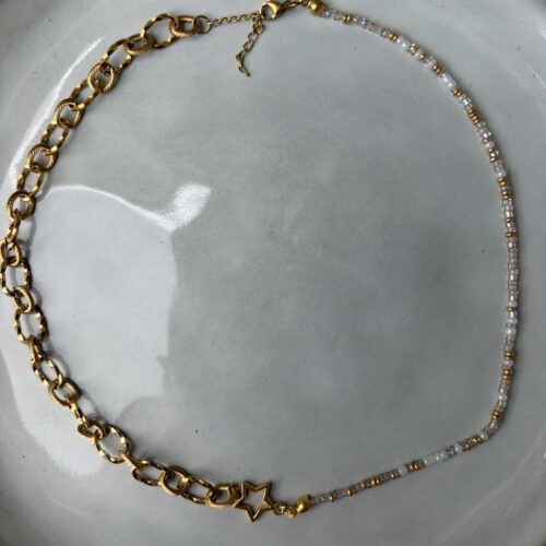 Bead & Chain Star Ketting beige